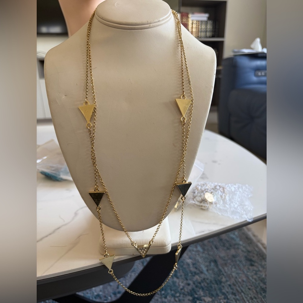 Gold Tone Geometric Triangle Necklace Layered Long Chain Minimalist Modern NEW